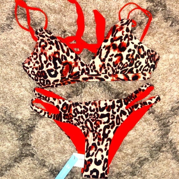Orange trim leopard print strappy bikini - Picture 1 of 3